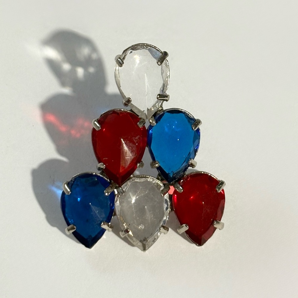Vintage Patriotic Large Red Clear Blue Faceted Rhinestone Fruit Salad Brooch